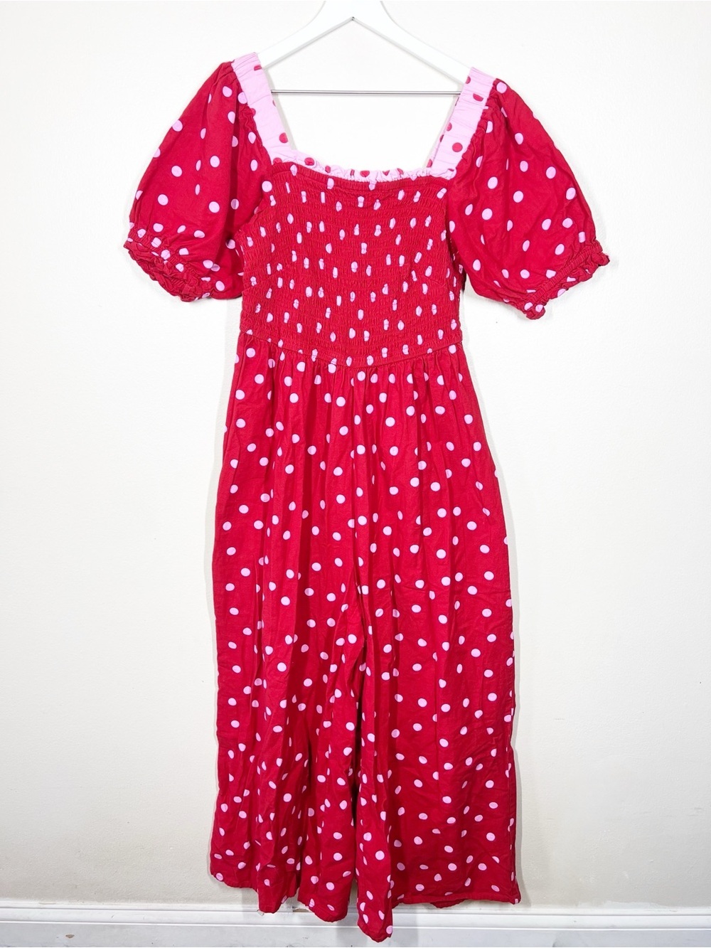 Neon Rose Womens Red and Pink Polka Dot Puff Sleeve wide leg jumpsuit Size 18
